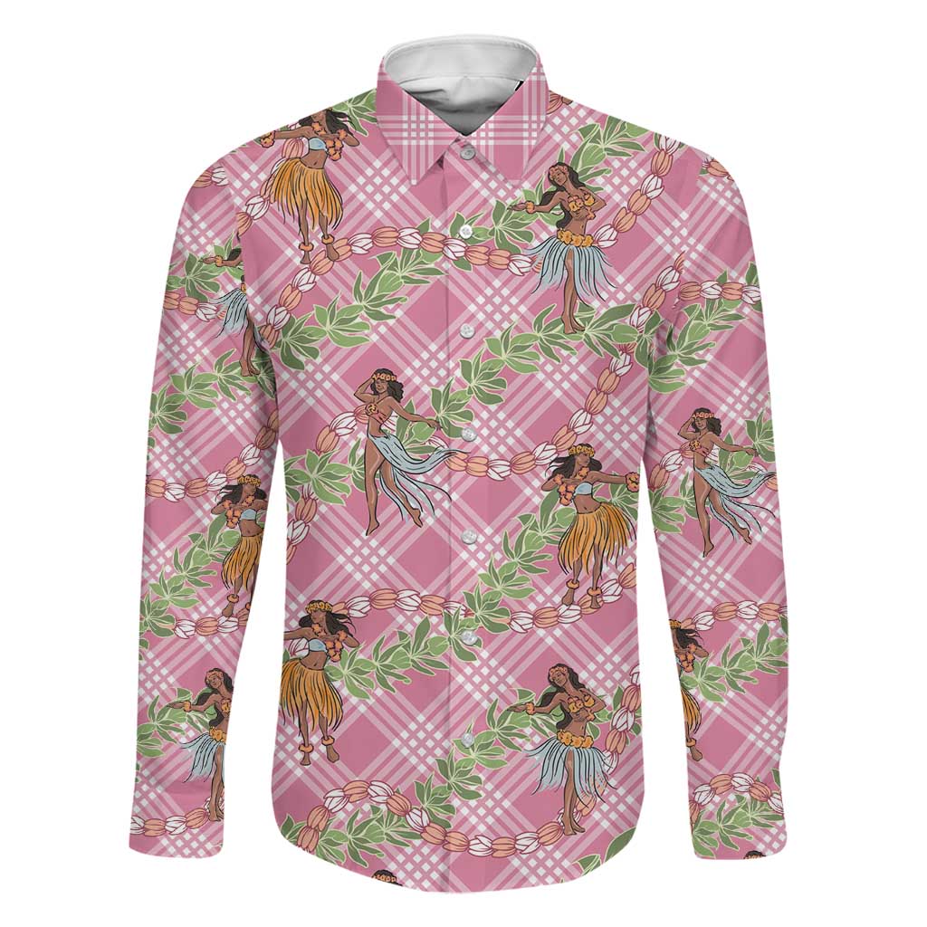 Lokelani Pink Palaka Hula Girls Seamless Hawaii Aloha Family Matching Off The Shoulder Long Sleeve Dress and Hawaiian Shirt LT7 Dad's Shirt - Long Sleeve Pink - Polynesian Pride