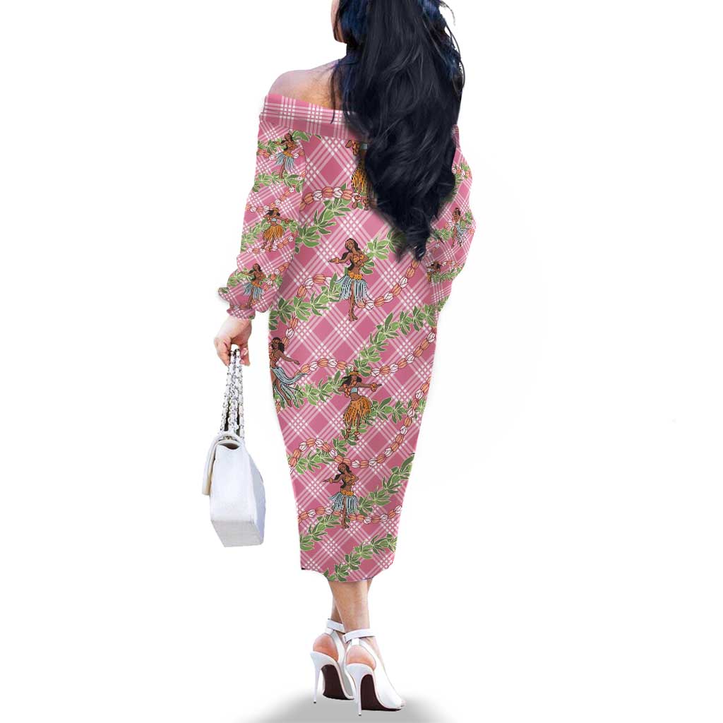 Lokelani Pink Palaka Hula Girls Seamless Hawaii Aloha Family Matching Off The Shoulder Long Sleeve Dress and Hawaiian Shirt LT7 - Polynesian Pride