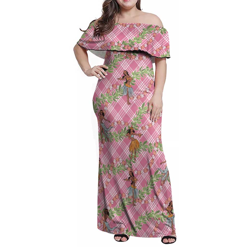Lokelani Pink Palaka Hula Girls Seamless Hawaii Aloha Family Matching Off Shoulder Maxi Dress and Hawaiian Shirt LT7 Mom's Dress Pink - Polynesian Pride