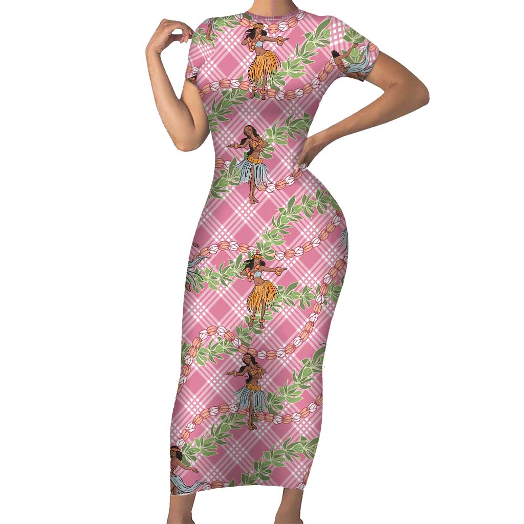 Lokelani Pink Palaka Hula Girls Seamless Hawaii Aloha Family Matching Short Sleeve Bodycon Dress and Hawaiian Shirt LT7 Mom's Dress Pink - Polynesian Pride