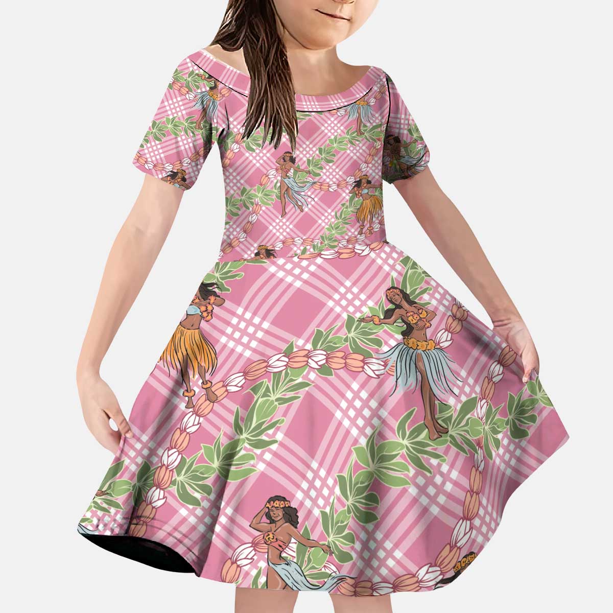 Lokelani Pink Palaka Hula Girls Seamless Hawaii Aloha Kid Short Sleeve Dress LT7 KID Pink - Polynesian Pride