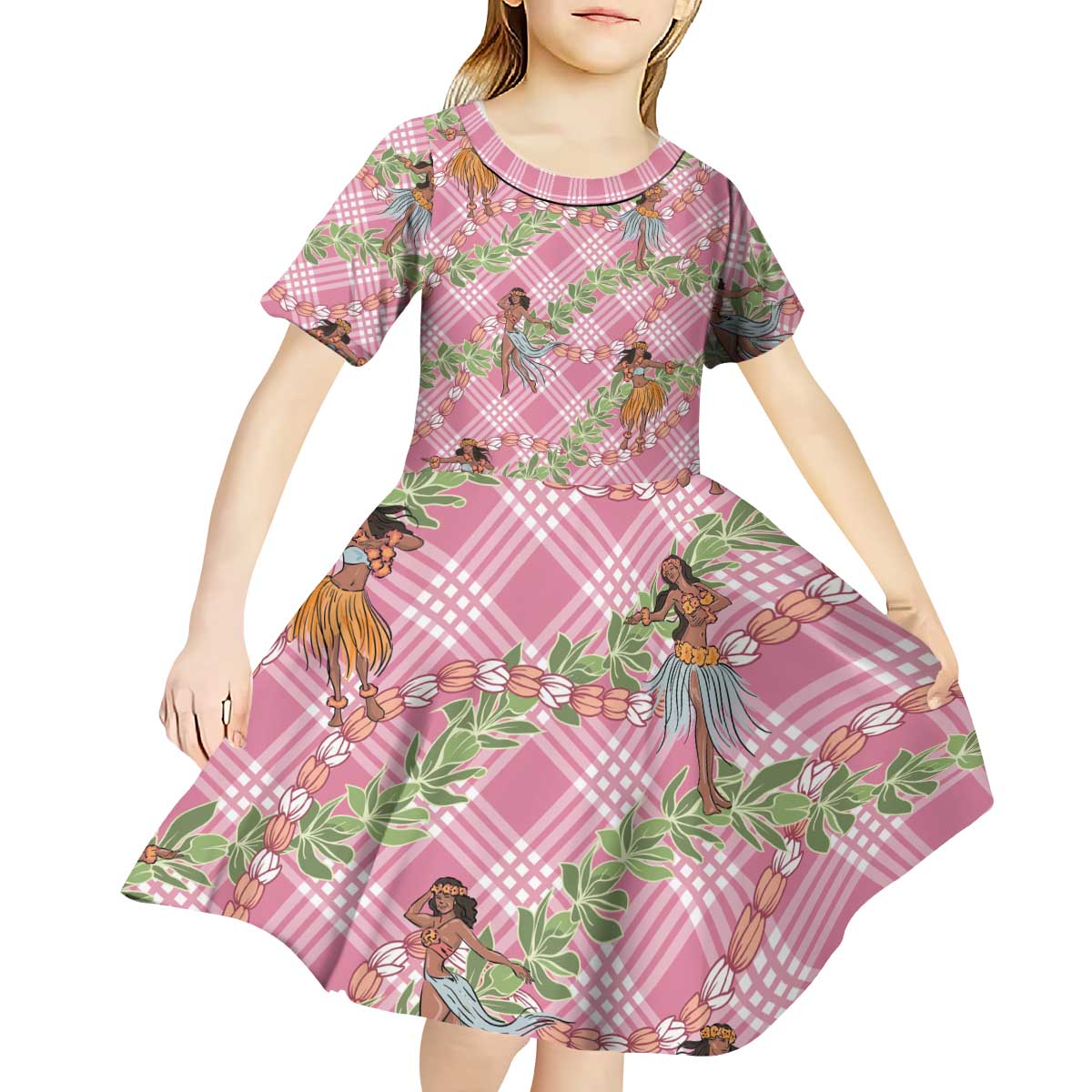 Lokelani Pink Palaka Hula Girls Seamless Hawaii Aloha Kid Short Sleeve Dress LT7 - Polynesian Pride