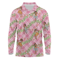 Lokelani Pink Palaka Hula Girls Seamless Hawaii Aloha Long Sleeve Polo Shirt LT7 Pink - Polynesian Pride