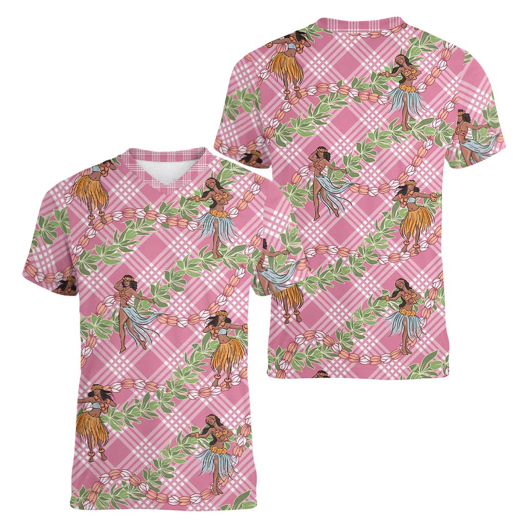 Lokelani Pink Palaka Hula Girls Seamless Hawaii Aloha Women V-Neck T-Shirt LT7 - Polynesian Pride