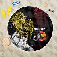 Personalized Papua New Guinea 50th Independence Anniversary Beach Blanket Oro Tapa Mix Plumeria LT7 One Size 150cm Black - Polynesian Pride