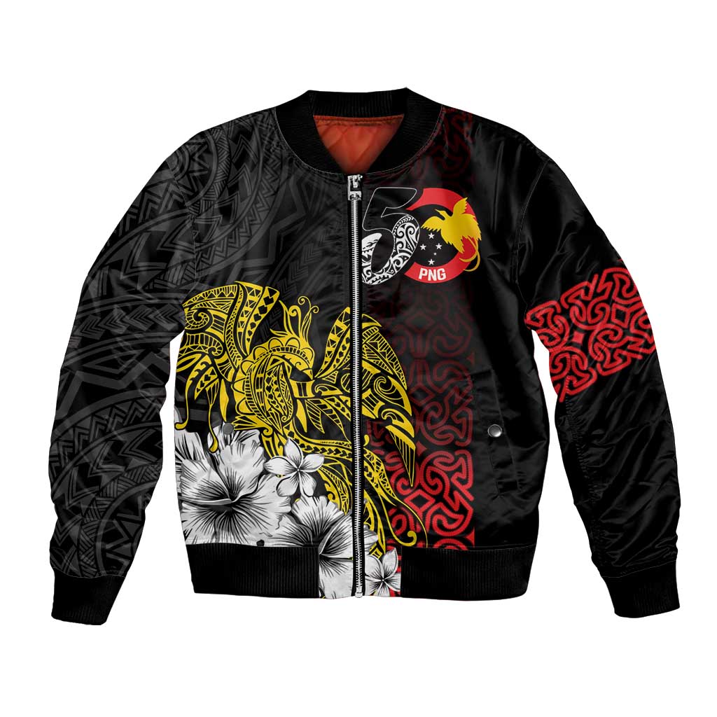 Personalized Papua New Guinea 50th Independence Anniversary Bomber Jacket Oro Tapa Mix Plumeria LT7 Unisex Black - Polynesian Pride
