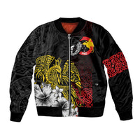 Personalized Papua New Guinea 50th Independence Anniversary Bomber Jacket Oro Tapa Mix Plumeria LT7 Unisex Black - Polynesian Pride