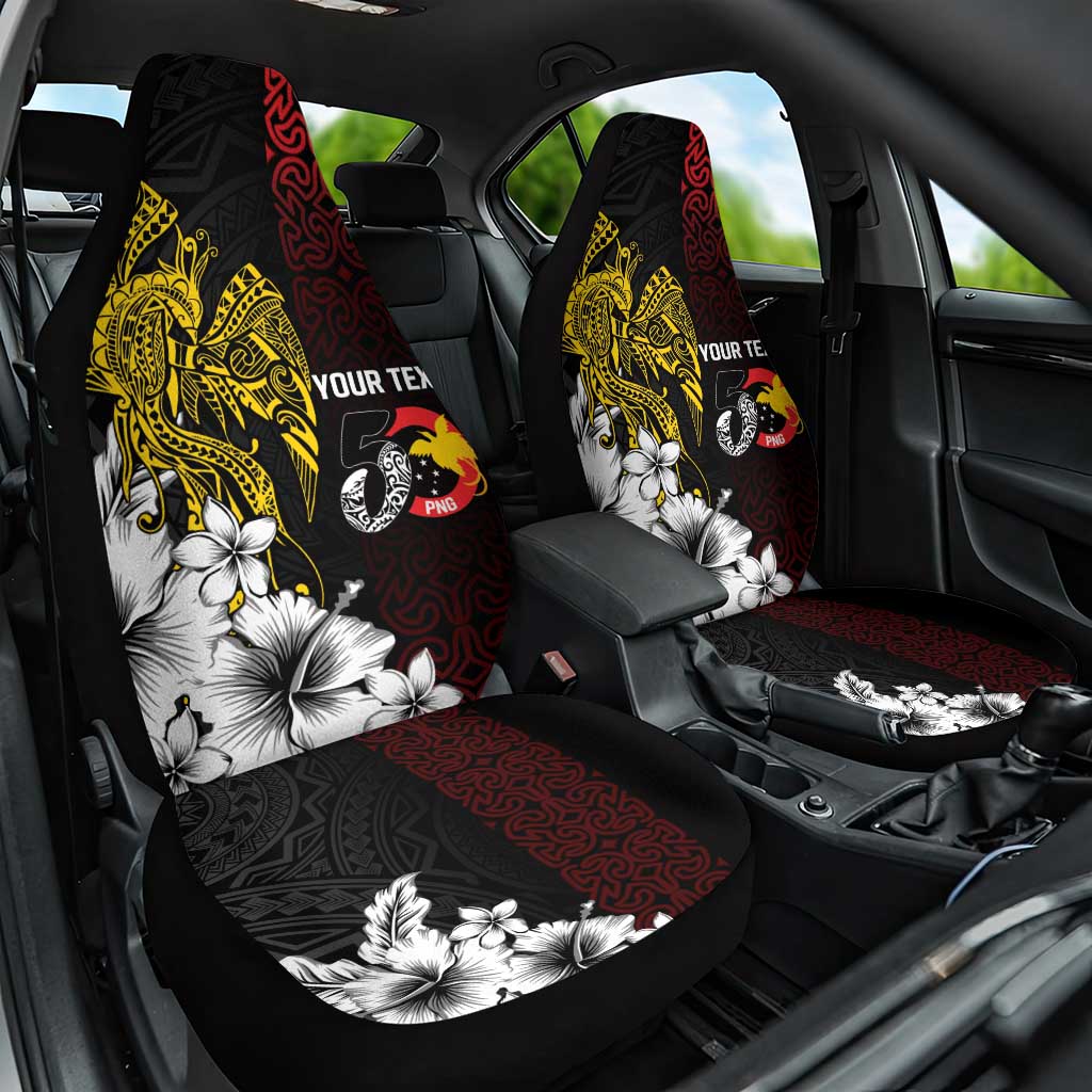 Personalized Papua New Guinea 50th Independence Anniversary Car Seat Cover Oro Tapa Mix Plumeria LT7 One Size Black - Polynesian Pride