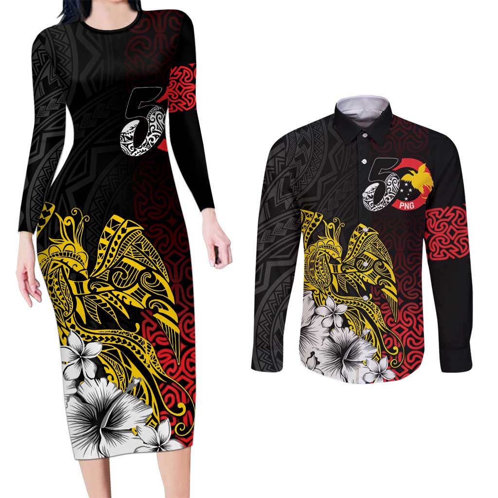 Personalized Papua New Guinea 50th Independence Anniversary Couples Matching Long Sleeve Bodycon Dress and Long Sleeve Button Shirt Oro Tapa Mix Plumeria LT7 Black - Polynesian Pride