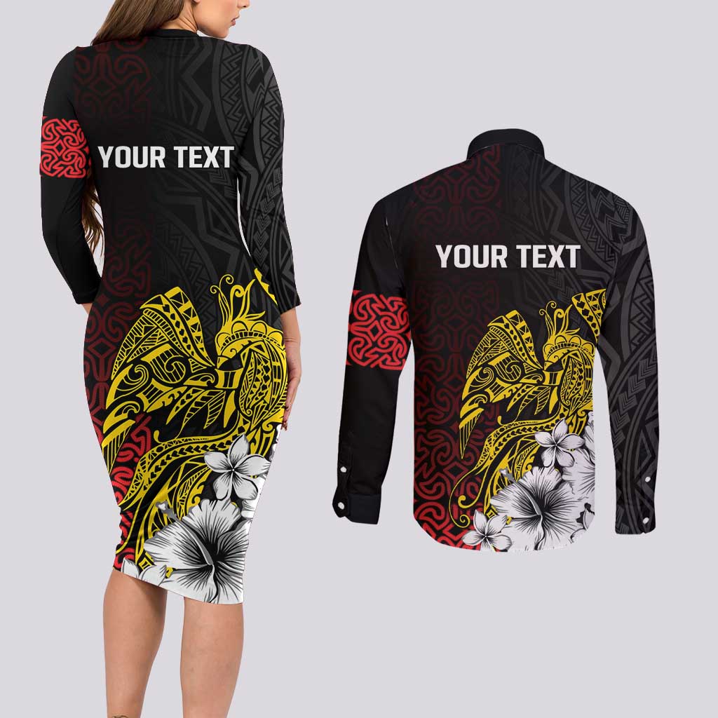Personalized Papua New Guinea 50th Independence Anniversary Couples Matching Long Sleeve Bodycon Dress and Long Sleeve Button Shirt Oro Tapa Mix Plumeria LT7 - Polynesian Pride