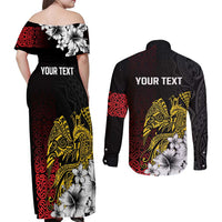 Personalized Papua New Guinea 50th Independence Anniversary Couples Matching Off Shoulder Maxi Dress and Long Sleeve Button Shirt Oro Tapa Mix Plumeria LT7 - Polynesian Pride