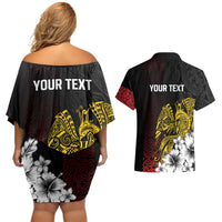Personalized Papua New Guinea 50th Independence Anniversary Couples Matching Off Shoulder Short Dress and Hawaiian Shirt Oro Tapa Mix Plumeria LT7 - Polynesian Pride