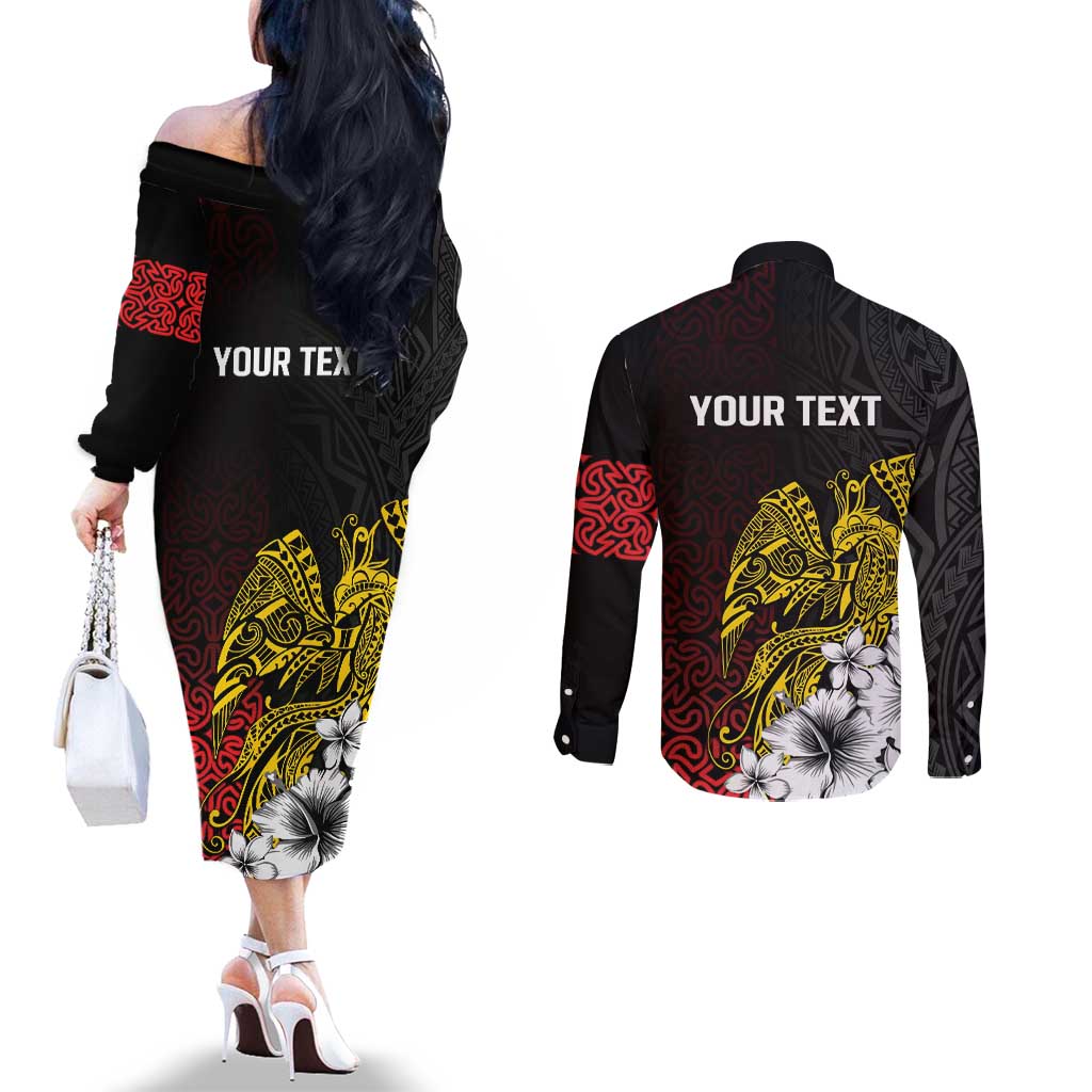 Personalized Papua New Guinea 50th Independence Anniversary Couples Matching Off The Shoulder Long Sleeve Dress and Long Sleeve Button Shirt Oro Tapa Mix Plumeria LT7 - Polynesian Pride