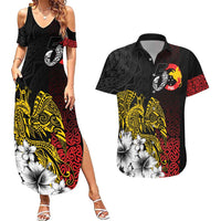 Personalized Papua New Guinea 50th Independence Anniversary Couples Matching Summer Maxi Dress and Hawaiian Shirt Oro Tapa Mix Plumeria LT7 Black - Polynesian Pride