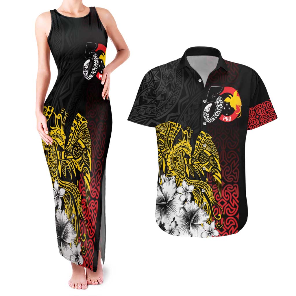Personalized Papua New Guinea 50th Independence Anniversary Couples Matching Tank Maxi Dress and Hawaiian Shirt Oro Tapa Mix Plumeria LT7 Black - Polynesian Pride
