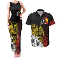 Personalized Papua New Guinea 50th Independence Anniversary Couples Matching Tank Maxi Dress and Hawaiian Shirt Oro Tapa Mix Plumeria LT7 Black - Polynesian Pride