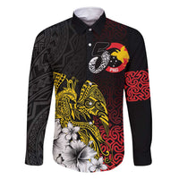 Personalized Papua New Guinea 50th Independence Anniversary Family Matching Long Sleeve Bodycon Dress and Hawaiian Shirt Oro Tapa Mix Plumeria LT7 Dad's Shirt - Long Sleeve Black - Polynesian Pride
