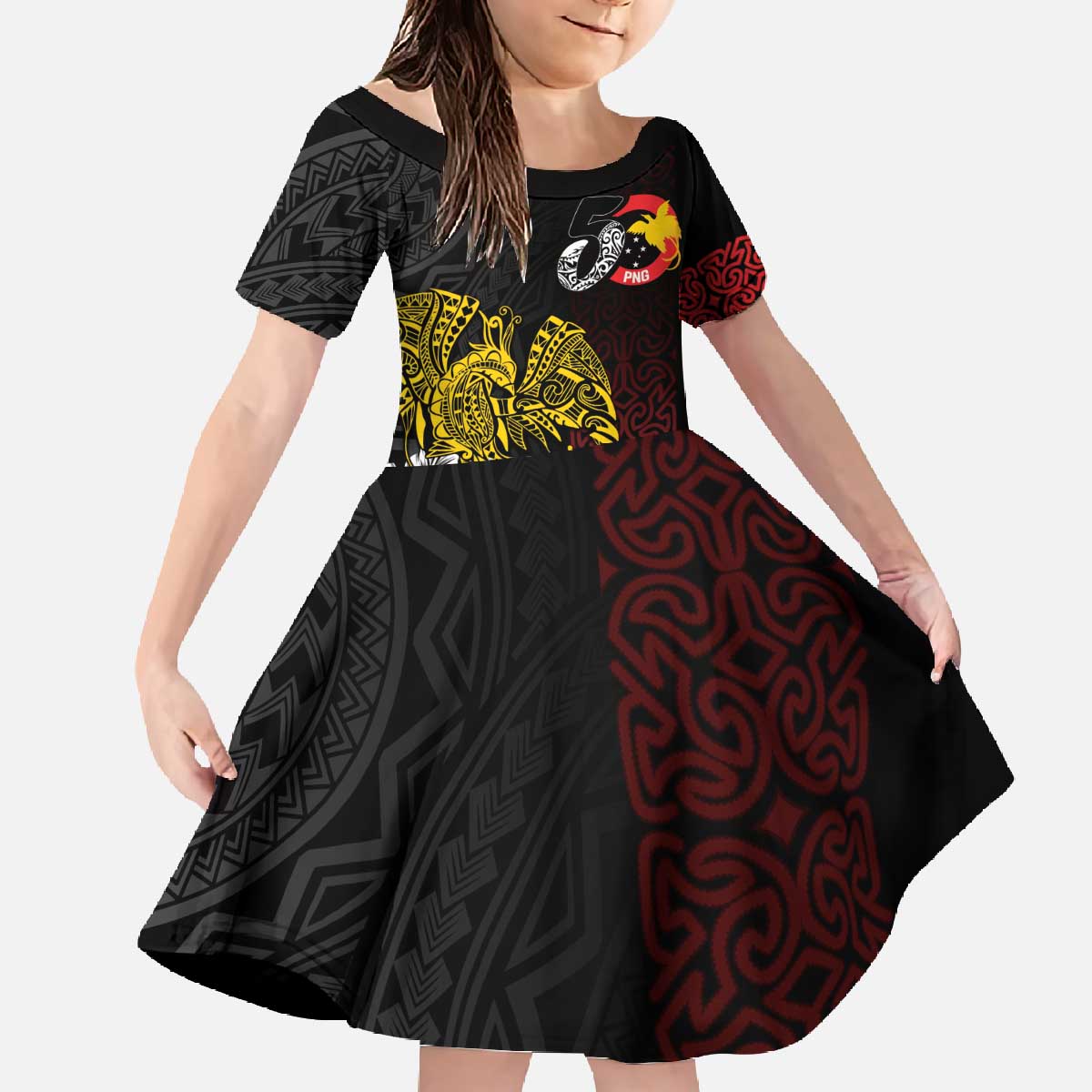 Personalized Papua New Guinea 50th Independence Anniversary Family Matching Off The Shoulder Long Sleeve Dress and Hawaiian Shirt Oro Tapa Mix Plumeria LT7 Daughter's Dress Black - Polynesian Pride
