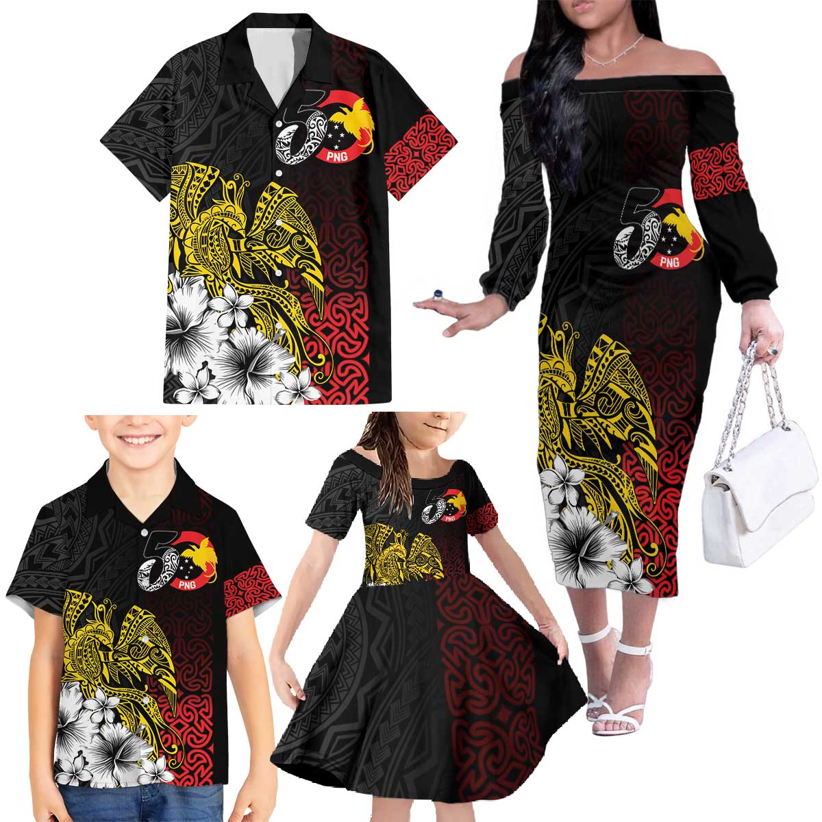 Personalized Papua New Guinea 50th Independence Anniversary Family Matching Off The Shoulder Long Sleeve Dress and Hawaiian Shirt Oro Tapa Mix Plumeria LT7 - Polynesian Pride