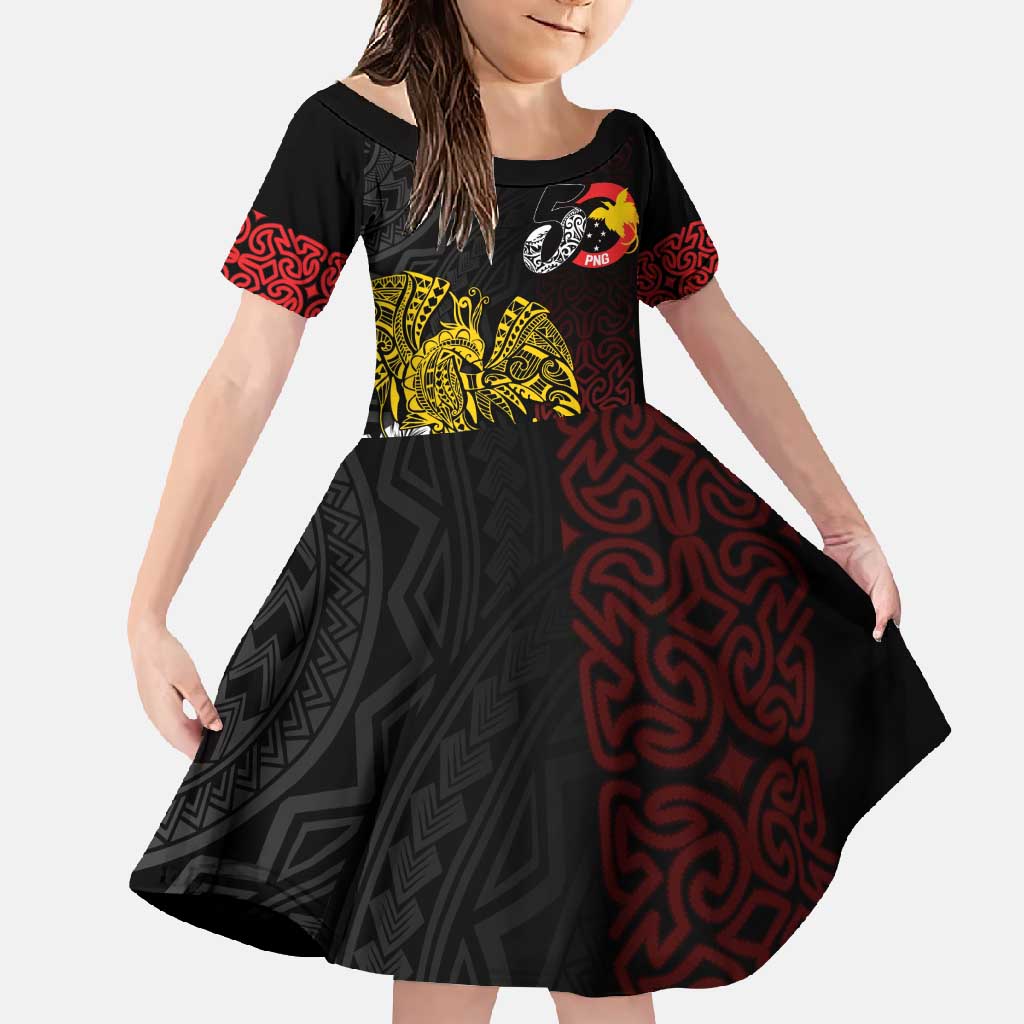 Personalized Papua New Guinea 50th Independence Anniversary Family Matching Off Shoulder Maxi Dress and Hawaiian Shirt Oro Tapa Mix Plumeria LT7 Daughter's Dress Black - Polynesian Pride