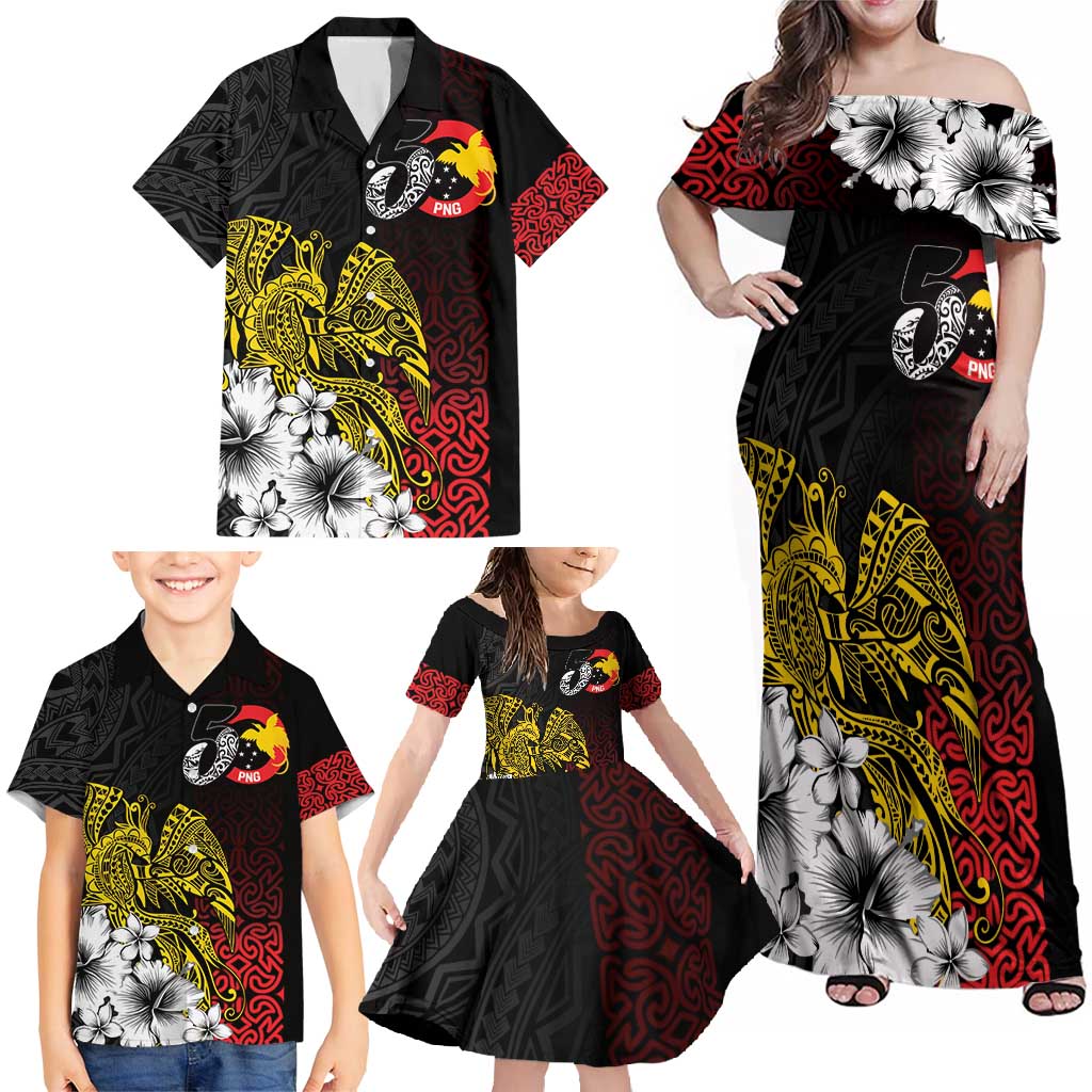 Personalized Papua New Guinea 50th Independence Anniversary Family Matching Off Shoulder Maxi Dress and Hawaiian Shirt Oro Tapa Mix Plumeria LT7 - Polynesian Pride