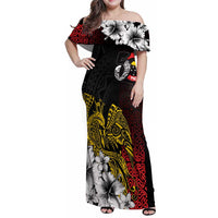 Personalized Papua New Guinea 50th Independence Anniversary Family Matching Off Shoulder Maxi Dress and Hawaiian Shirt Oro Tapa Mix Plumeria LT7 Mom's Dress Black - Polynesian Pride