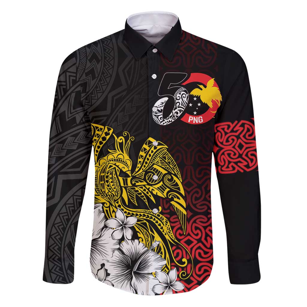 Personalized Papua New Guinea 50th Independence Anniversary Family Matching Puletasi and Hawaiian Shirt Oro Tapa Mix Plumeria LT7 Dad's Shirt - Long Sleeve Black - Polynesian Pride
