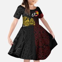 Personalized Papua New Guinea 50th Independence Anniversary Family Matching Short Sleeve Bodycon Dress and Hawaiian Shirt Oro Tapa Mix Plumeria LT7 Daughter's Dress Black - Polynesian Pride