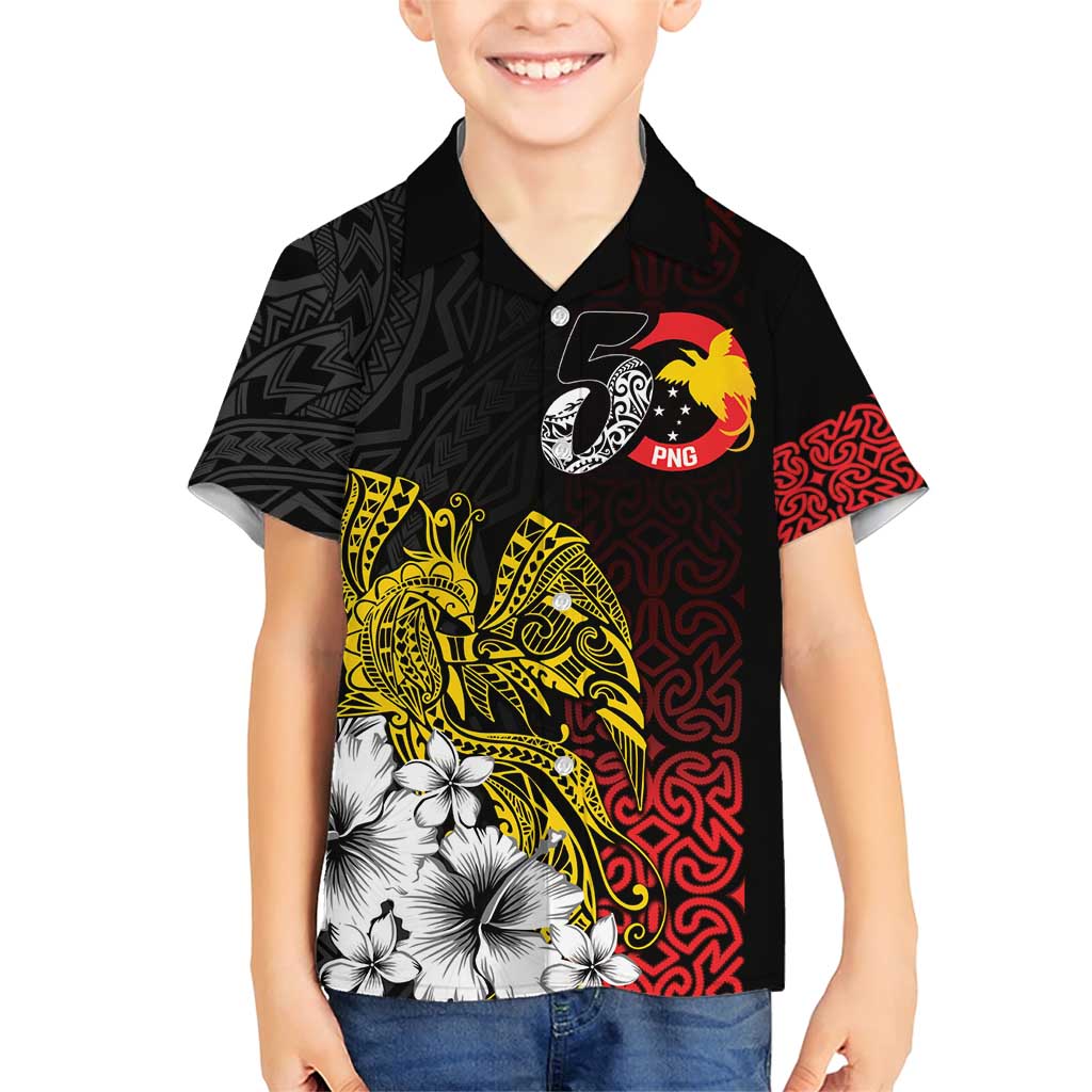 Personalized Papua New Guinea 50th Independence Anniversary Family Matching Short Sleeve Bodycon Dress and Hawaiian Shirt Oro Tapa Mix Plumeria LT7 Son's Shirt Black - Polynesian Pride