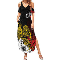 Personalized Papua New Guinea 50th Independence Anniversary Family Matching Summer Maxi Dress and Hawaiian Shirt Oro Tapa Mix Plumeria LT7 Mom's Dress Black - Polynesian Pride