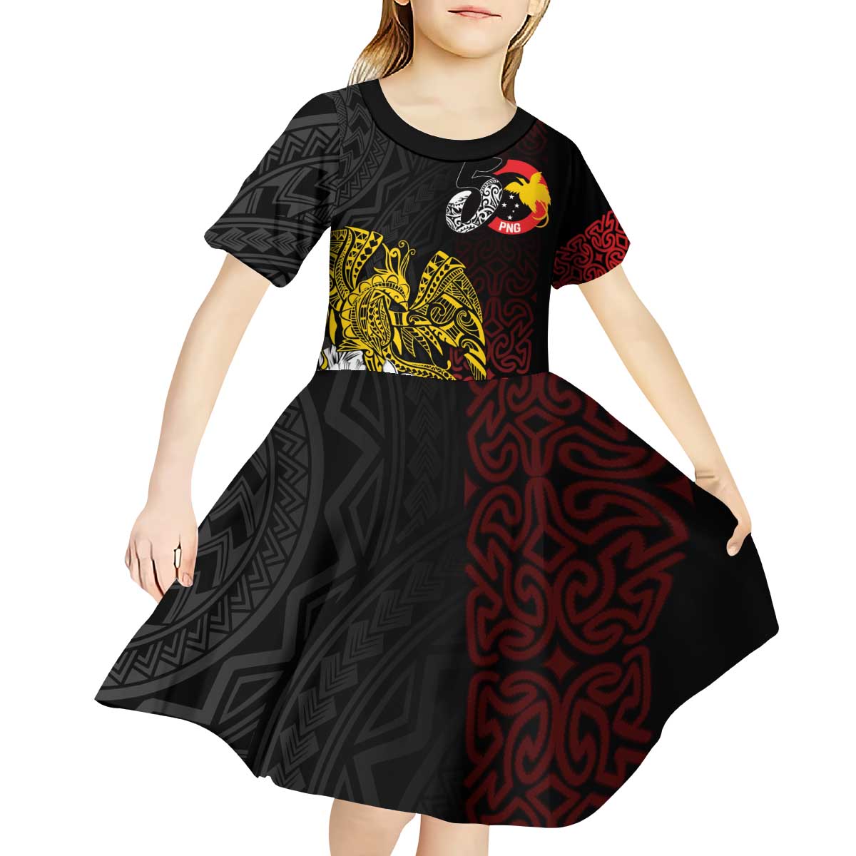 Personalized Papua New Guinea 50th Independence Anniversary Kid Short Sleeve Dress Oro Tapa Mix Plumeria LT7 - Polynesian Pride