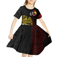 Personalized Papua New Guinea 50th Independence Anniversary Kid Short Sleeve Dress Oro Tapa Mix Plumeria LT7 - Polynesian Pride