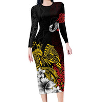 Personalized Papua New Guinea 50th Independence Anniversary Long Sleeve Bodycon Dress Oro Tapa Mix Plumeria LT7 Long Dress Black - Polynesian Pride