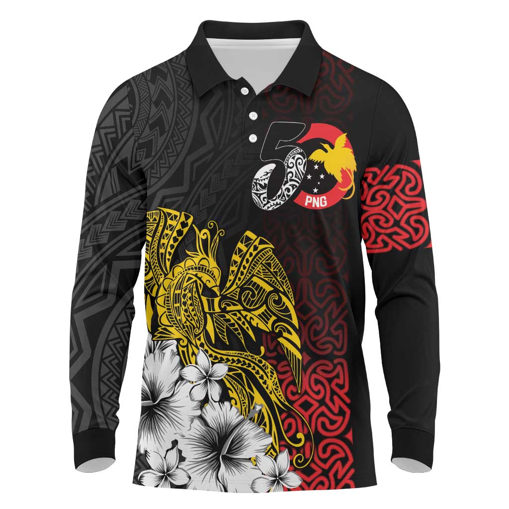 Personalized Papua New Guinea 50th Independence Anniversary Long Sleeve Polo Shirt Oro Tapa Mix Plumeria LT7 Black - Polynesian Pride