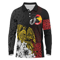 Personalized Papua New Guinea 50th Independence Anniversary Long Sleeve Polo Shirt Oro Tapa Mix Plumeria LT7 Black - Polynesian Pride