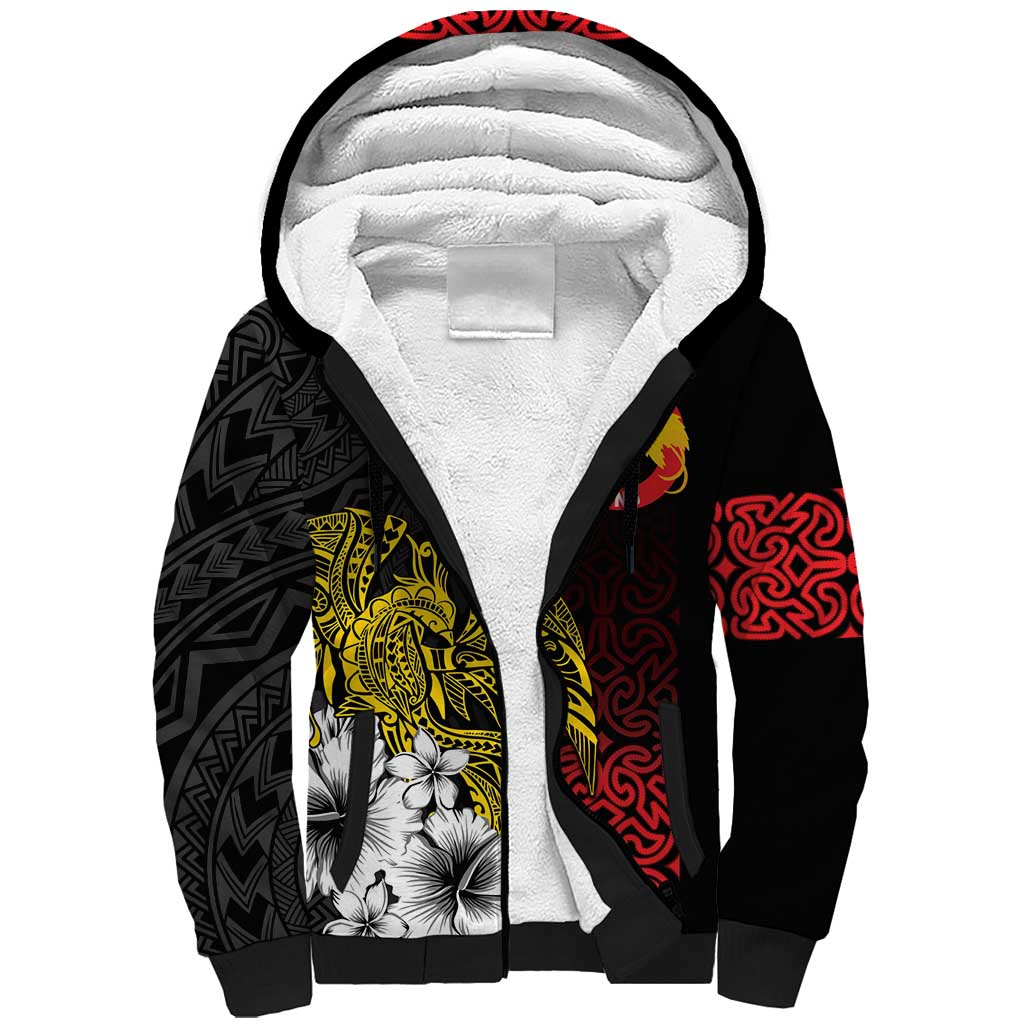 Personalized Papua New Guinea 50th Independence Anniversary Sherpa Hoodie Oro Tapa Mix Plumeria LT7 Unisex Black - Polynesian Pride