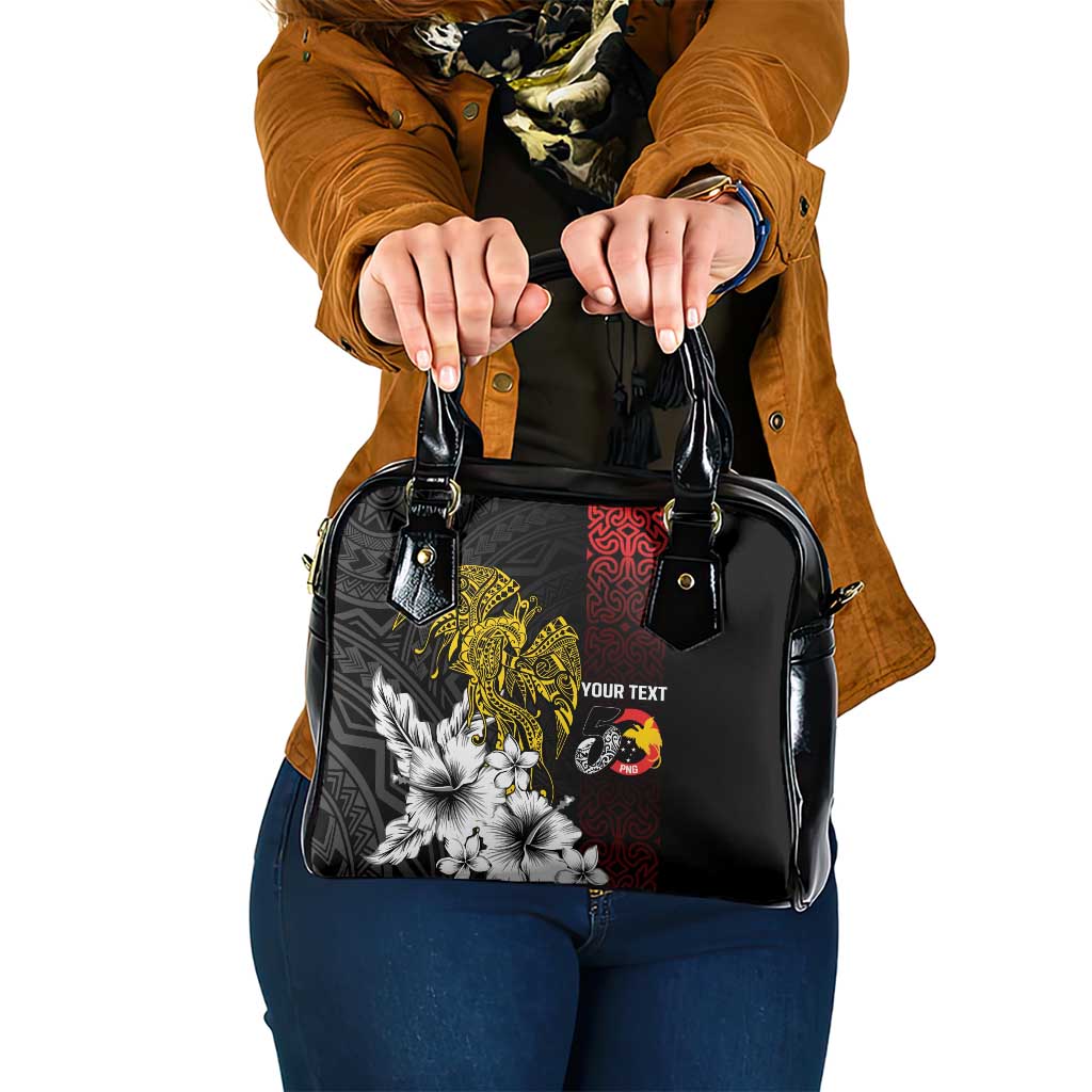 Personalized Papua New Guinea 50th Independence Anniversary Shoulder Handbag Oro Tapa Mix Plumeria LT7 One Size Black - Polynesian Pride