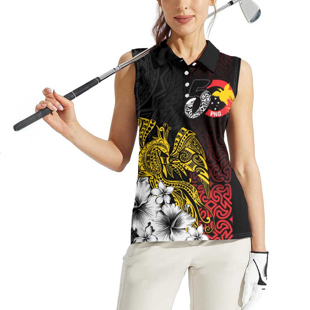 Personalized Papua New Guinea 50th Independence Anniversary Women Sleeveless Polo Shirt Oro Tapa Mix Plumeria LT7 - Polynesian Pride