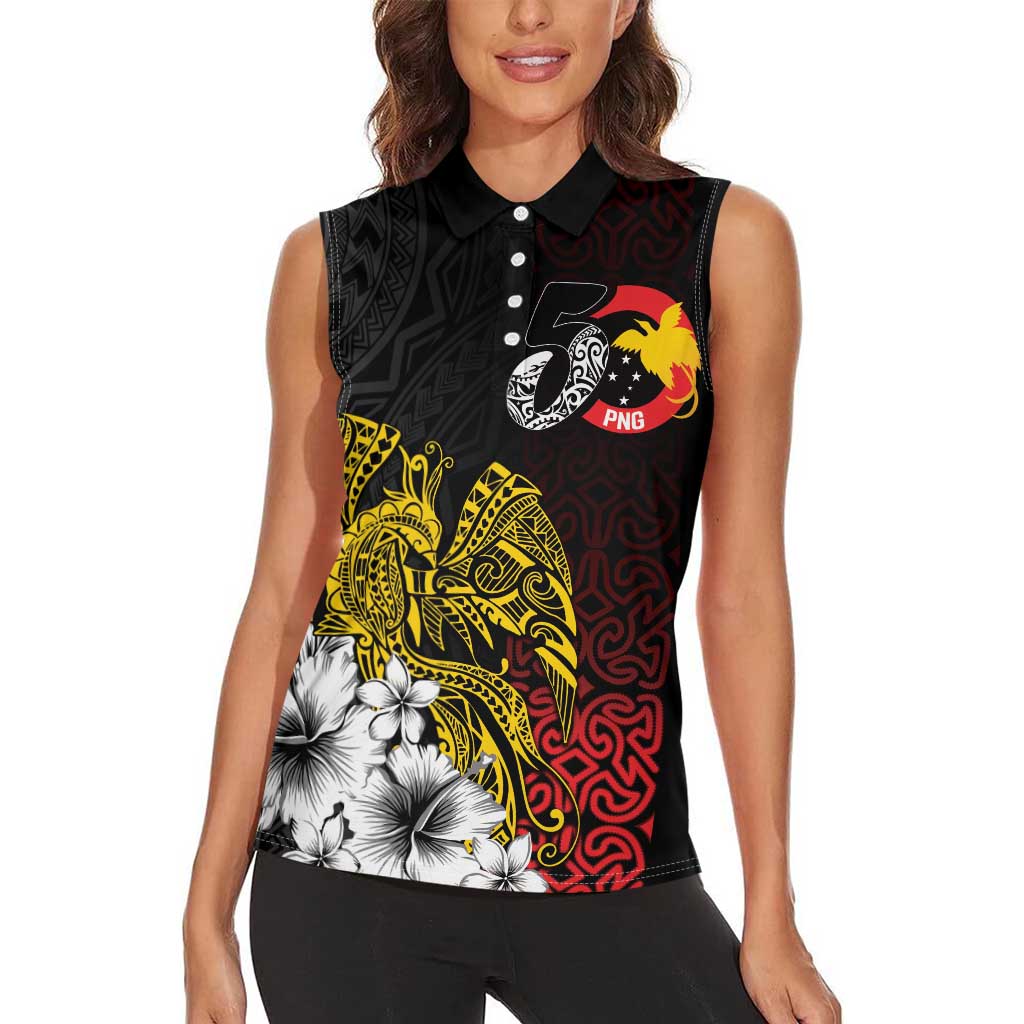 Personalized Papua New Guinea 50th Independence Anniversary Women Sleeveless Polo Shirt Oro Tapa Mix Plumeria LT7 - Polynesian Pride