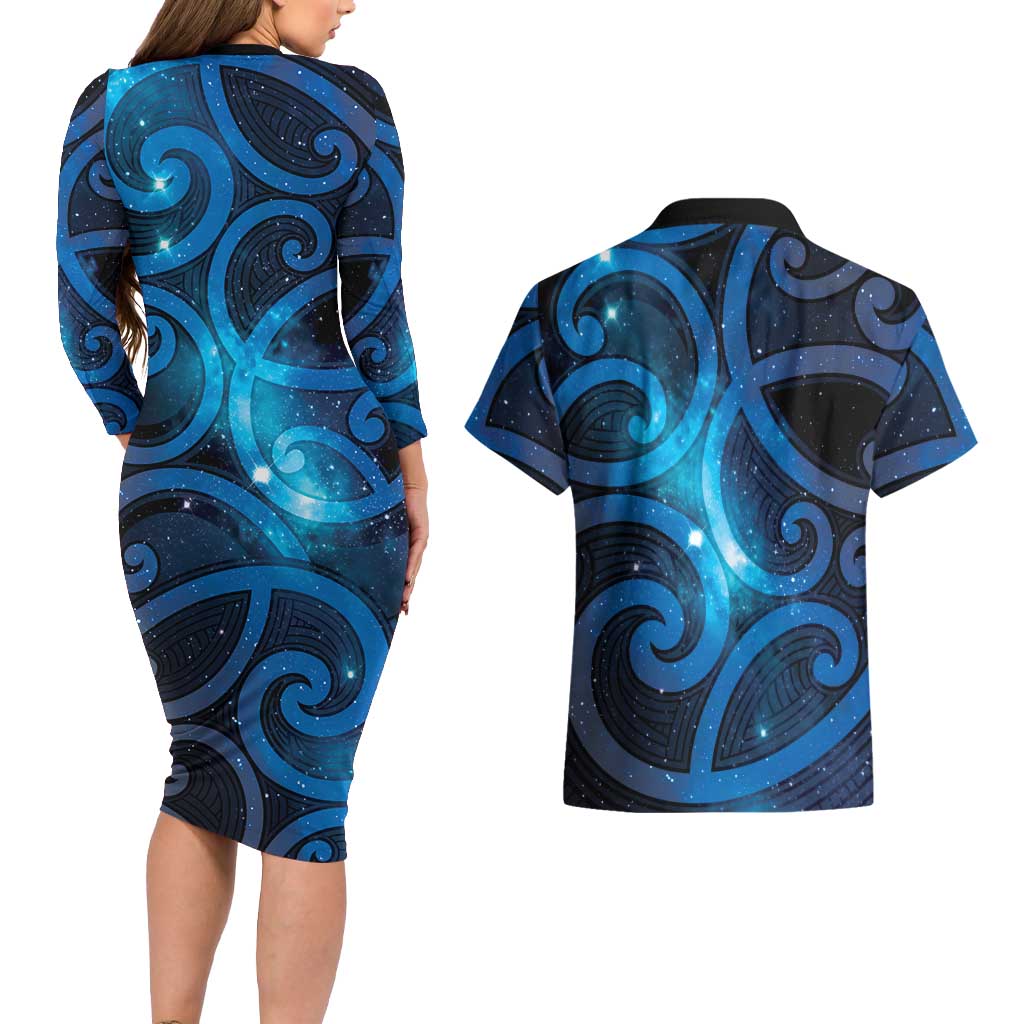 New Zealand Maori Matariki Couples Matching Long Sleeve Bodycon Dress and Hawaiian Shirt Galaxy Kowhaiwhai LT7 - Polynesian Pride