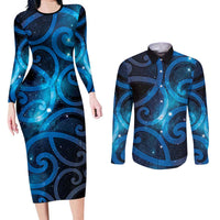 New Zealand Maori Matariki Couples Matching Long Sleeve Bodycon Dress and Long Sleeve Button Shirt Galaxy Kowhaiwhai LT7 Galaxy - Polynesian Pride