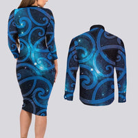 New Zealand Maori Matariki Couples Matching Long Sleeve Bodycon Dress and Long Sleeve Button Shirt Galaxy Kowhaiwhai LT7 - Polynesian Pride