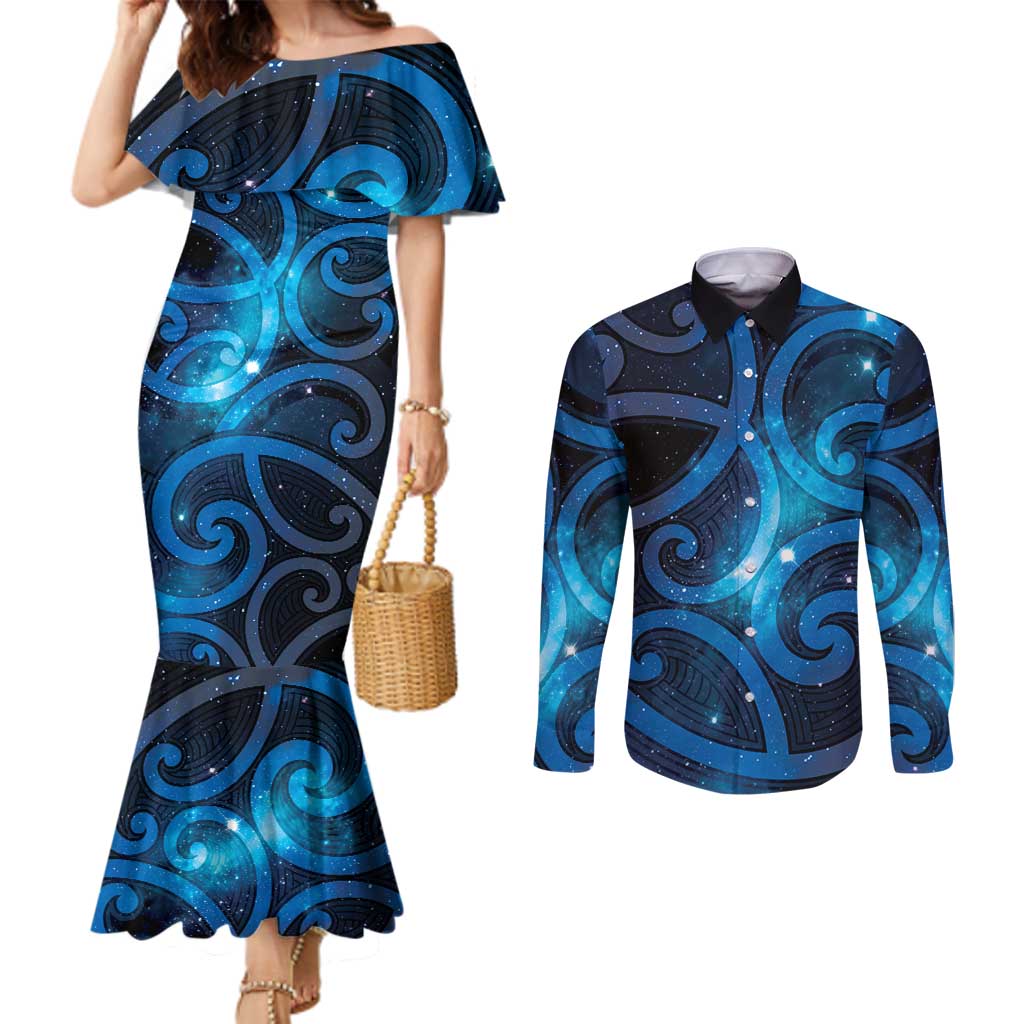 New Zealand Maori Matariki Couples Matching Mermaid Dress and Long Sleeve Button Shirt Galaxy Kowhaiwhai LT7 Galaxy - Polynesian Pride