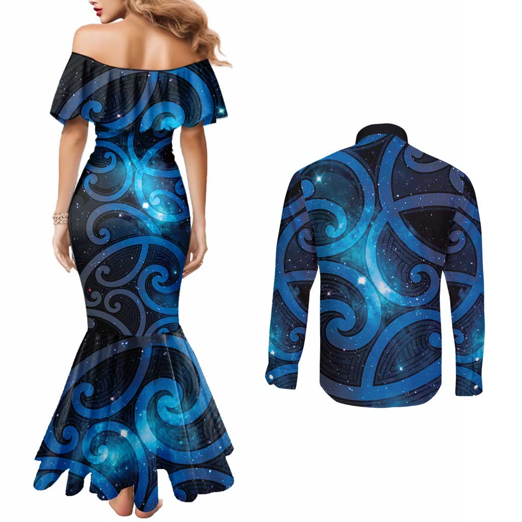 New Zealand Maori Matariki Couples Matching Mermaid Dress and Long Sleeve Button Shirt Galaxy Kowhaiwhai LT7 - Polynesian Pride