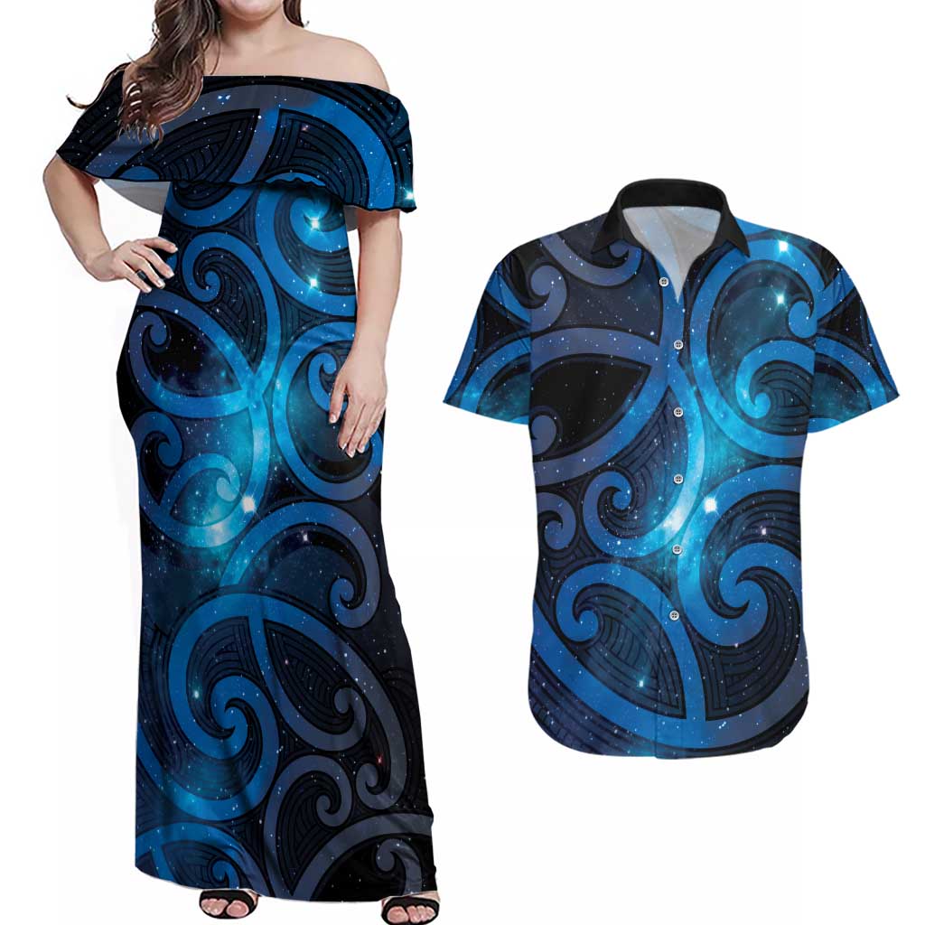 New Zealand Maori Matariki Couples Matching Off Shoulder Maxi Dress and Hawaiian Shirt Galaxy Kowhaiwhai LT7 Galaxy - Polynesian Pride