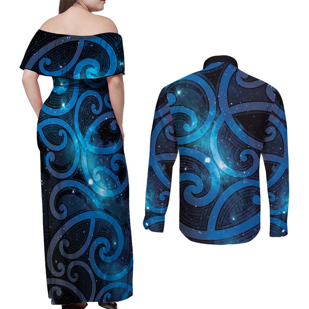 New Zealand Maori Matariki Couples Matching Off Shoulder Maxi Dress and Long Sleeve Button Shirt Galaxy Kowhaiwhai LT7 - Polynesian Pride
