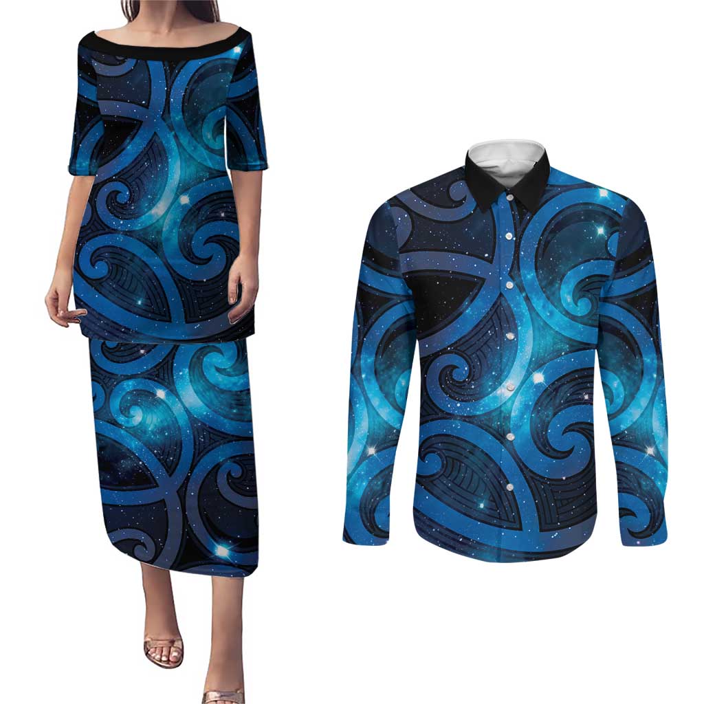 New Zealand Maori Matariki Couples Matching Puletasi and Long Sleeve Button Shirt Galaxy Kowhaiwhai LT7 Galaxy - Polynesian Pride
