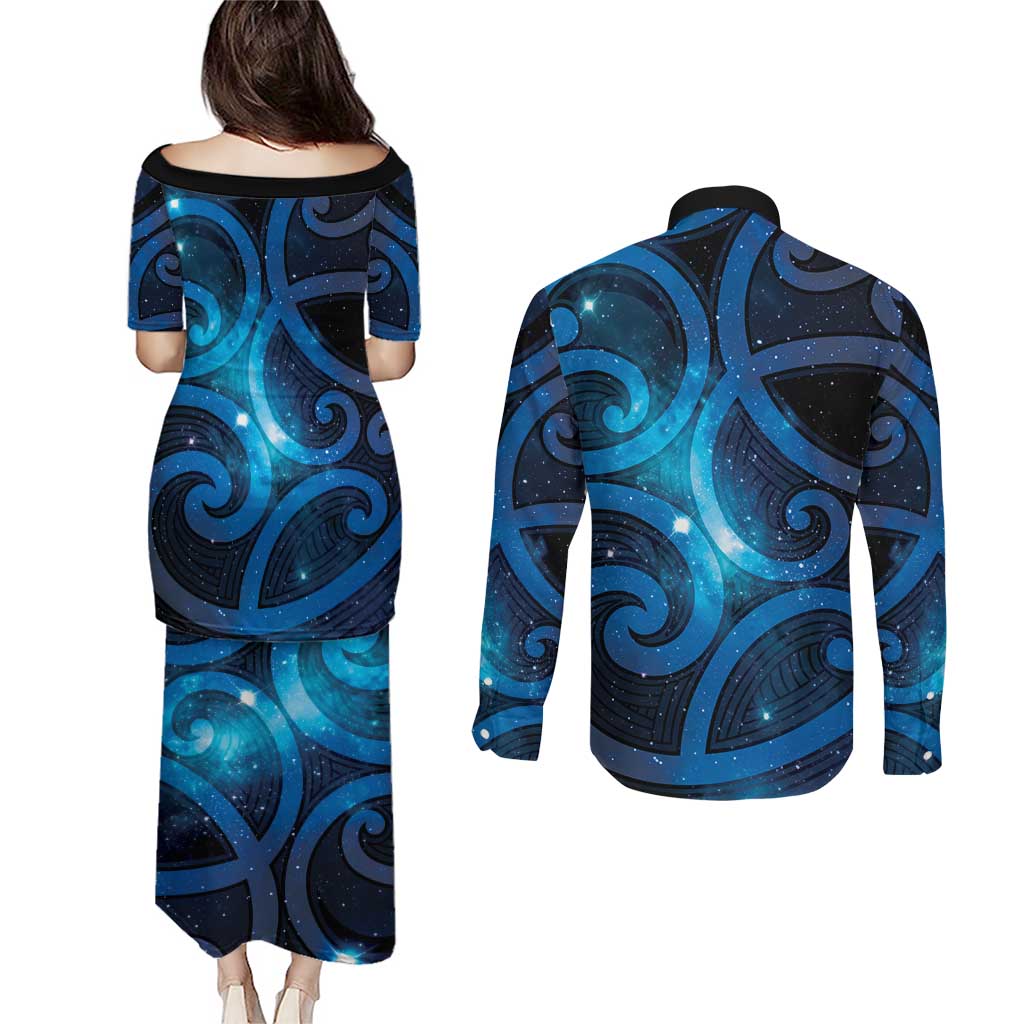 New Zealand Maori Matariki Couples Matching Puletasi and Long Sleeve Button Shirt Galaxy Kowhaiwhai LT7 - Polynesian Pride