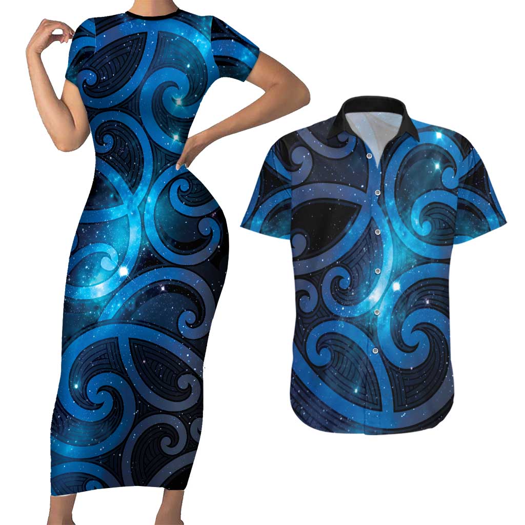 New Zealand Maori Matariki Couples Matching Short Sleeve Bodycon Dress and Hawaiian Shirt Galaxy Kowhaiwhai LT7 Galaxy - Polynesian Pride