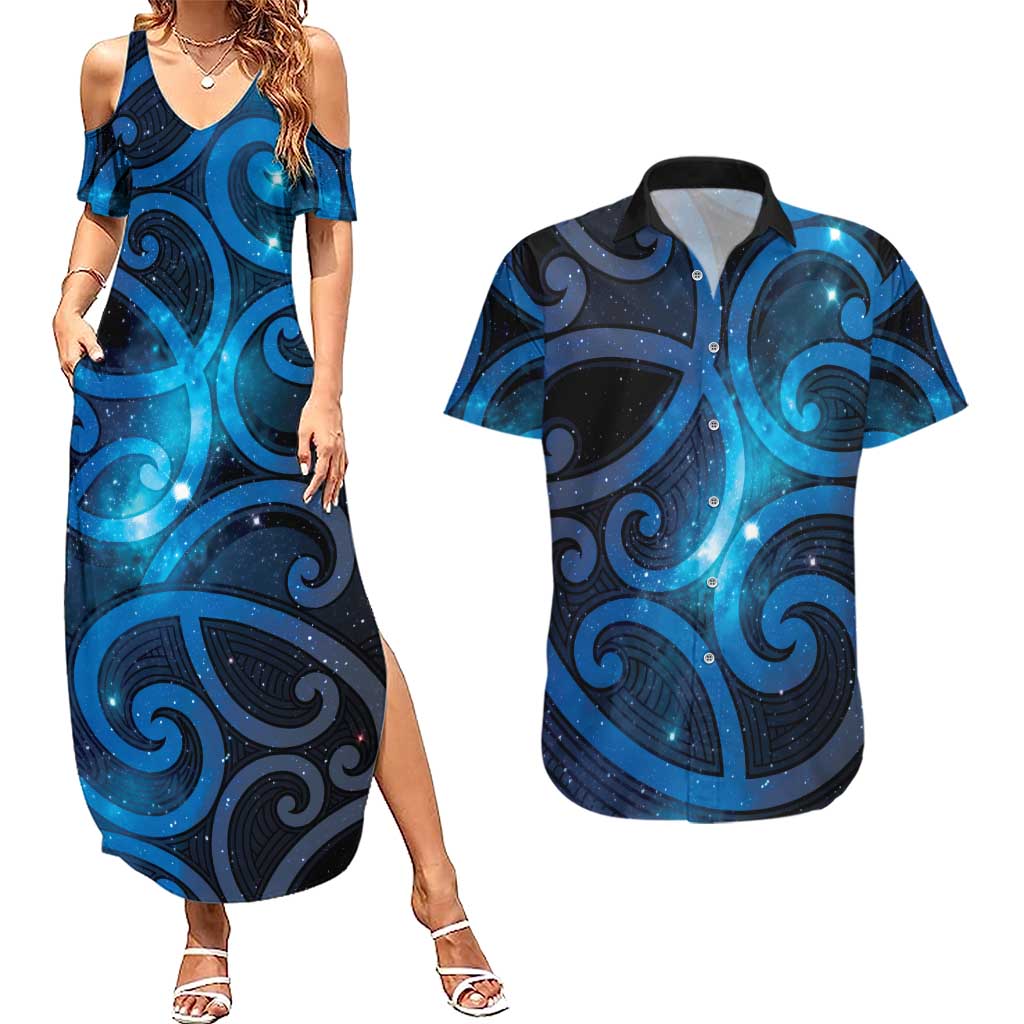 New Zealand Maori Matariki Couples Matching Summer Maxi Dress and Hawaiian Shirt Galaxy Kowhaiwhai LT7 Galaxy - Polynesian Pride